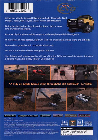 4x4 Evo | PlayStation 2 | back cover | region=North America | source-country=Canada,United States | zypher-v2 | moby-1812f3257aca | Data by MobyGames.com
