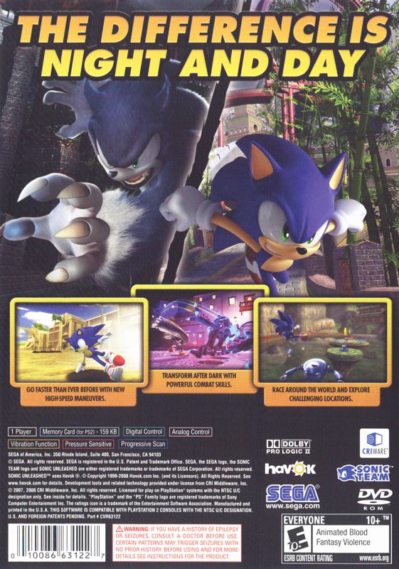 Sonic: Unleashed | PlayStation 2 | back cover | region=North America | source-country=United States | zypher-v2 | moby-826707b686da | Data by MobyGames.com