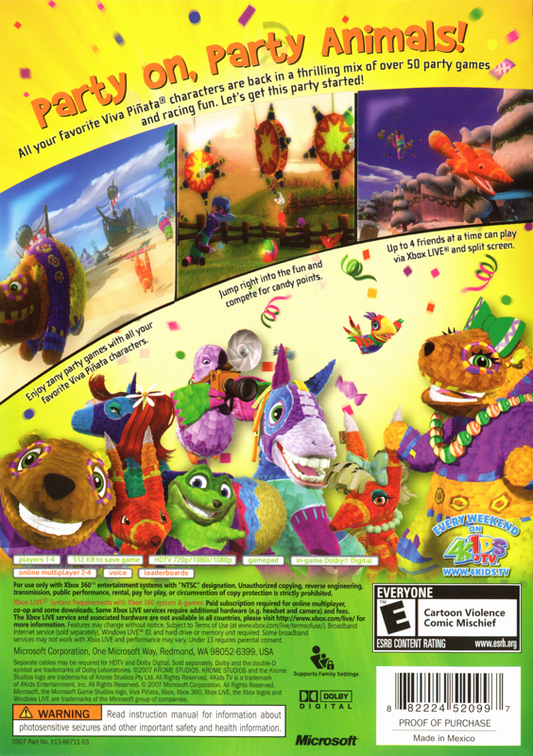 Viva Piñata: Party Animals | Xbox 360 | back cover | region=North America | source-country=United States | zypher-v2 | moby-389ded574c39 | Data by MobyGames.com