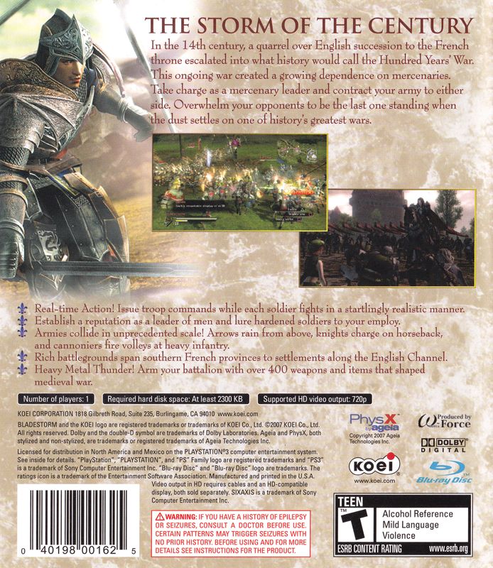 Bladestorm: The Hundred Years' War | PlayStation 3 | back cover | Region: North America | source-country=Canada,United States | Data by MobyGames.com