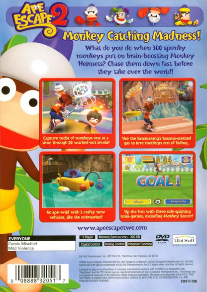 
Ape Escape 2 | PlayStation 2 | back cover | Region: North America | source-country=Canada,United States | Data by MobyGames.com