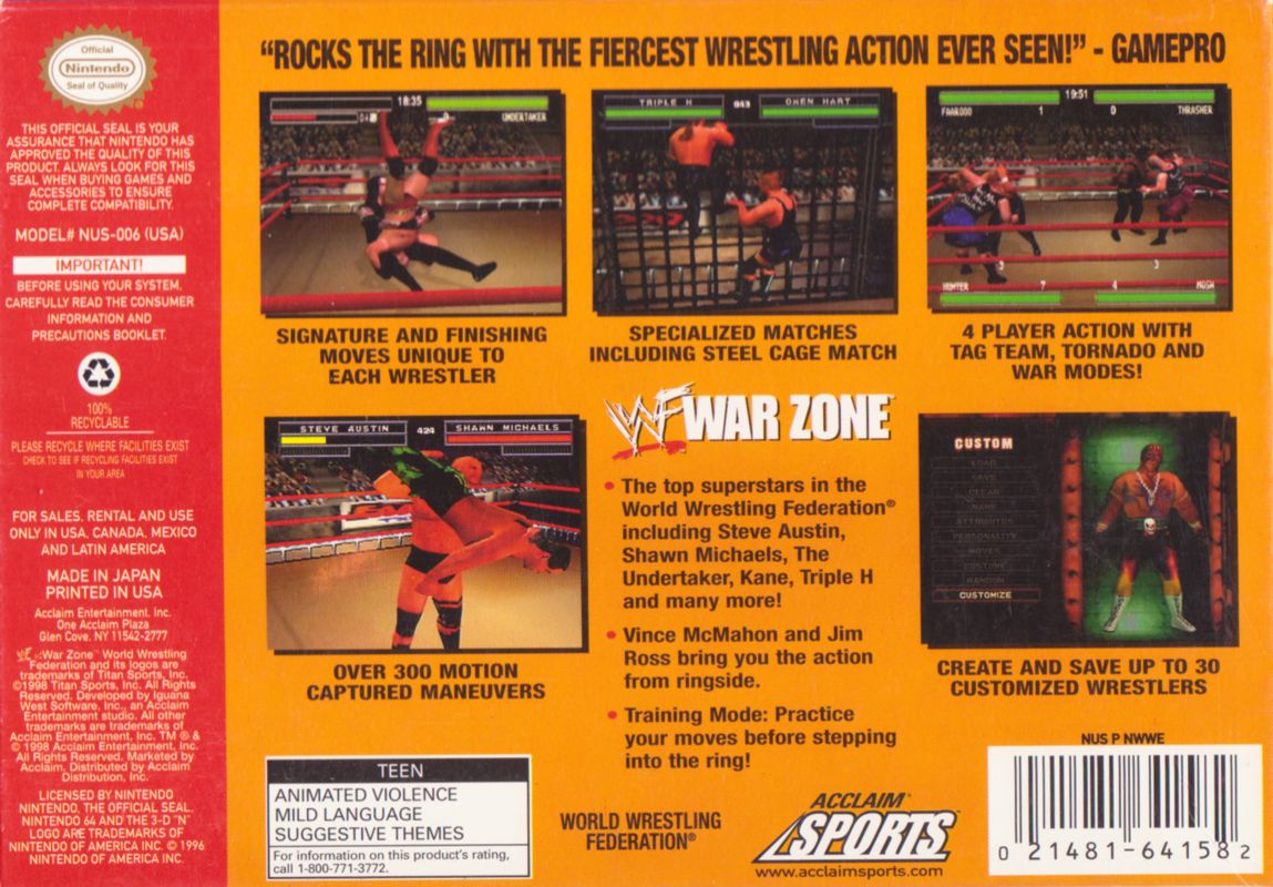 WWF War Zone | Nintendo 64 | back cover | Data by MobyGames.com