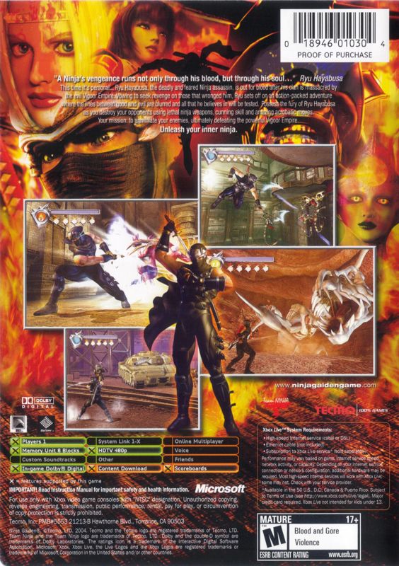 Ninja Gaiden | Xbox | back cover | region=North America | source-country=United States | zypher-v2 | moby-645dc73bed93 | Data by MobyGames.com