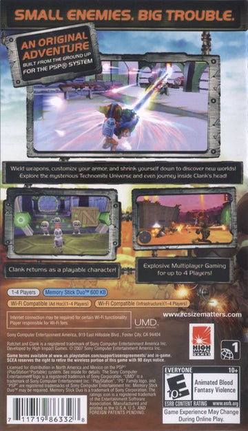 Ratchet & Clank: Size Matters | PSP | back cover | region=North America | source-country=Mexico,United States | zypher-v2 | moby-6e235d877420 | Data by MobyGames.com
