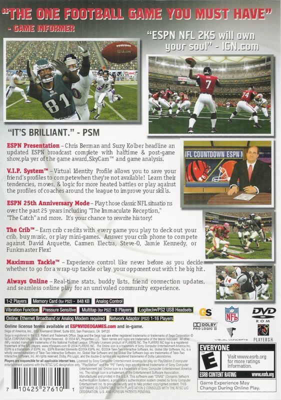 ESPN NFL 2K5 | PlayStation 2 | back cover | Region: North America | source-country=United States | Data by MobyGames.com