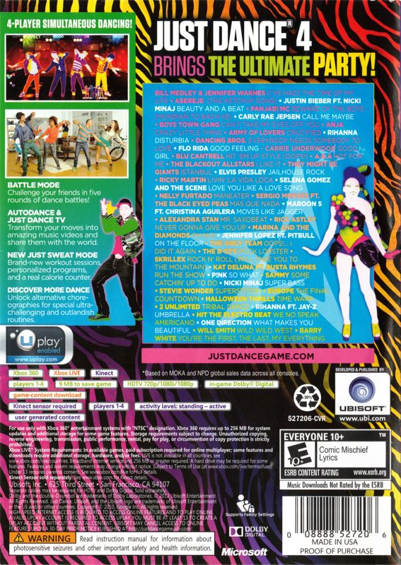 Just Dance 4 | Xbox 360 | back cover | region=North America | source-country=United States | zypher-v2 | moby-60f9271ab9bb | Data by MobyGames.com