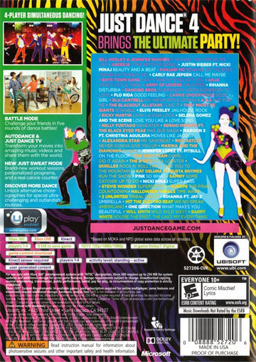 Just Dance 4 | Xbox 360 | back cover | region=North America | source-country=United States | zypher-v2 | moby-60f9271ab9bb | Data by MobyGames.com