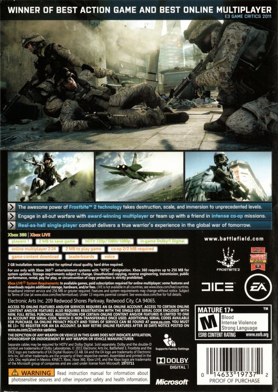 Battlefield 3 | Xbox 360 | back cover | Region: North America | source-country=United States | Data by MobyGames.com