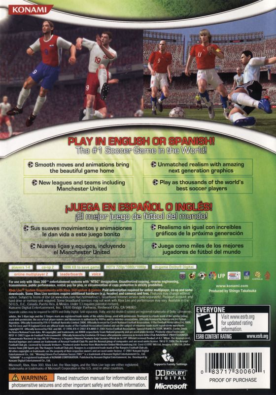 Winning Eleven: Pro Evolution Soccer 2007 | Xbox 360 | back cover | Region: North America | source-country=Mexico,United States | Data by MobyGames.com