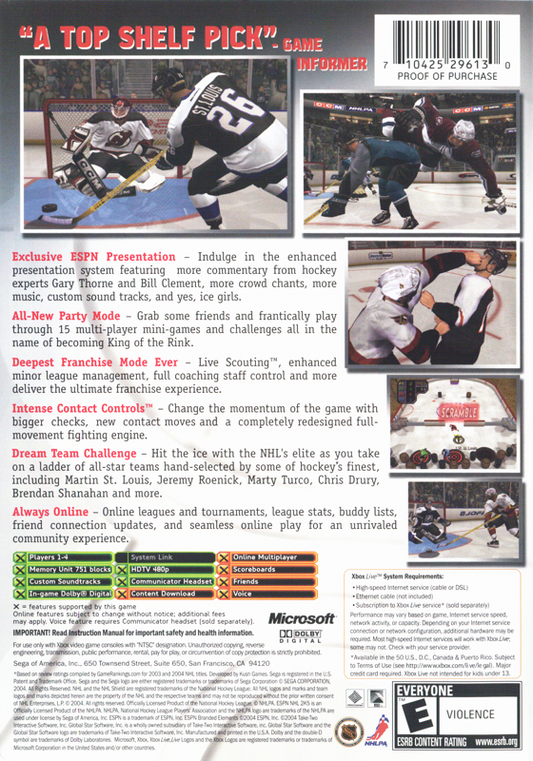 
ESPN NHL 2K5 | Xbox | back cover | Region: North America | source-country=United States | Data by MobyGames.com