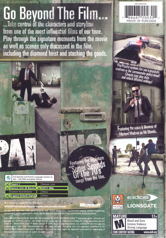 Reservoir Dogs | Xbox | back cover | Region: North America | source-country=United States | Data by MobyGames.com
