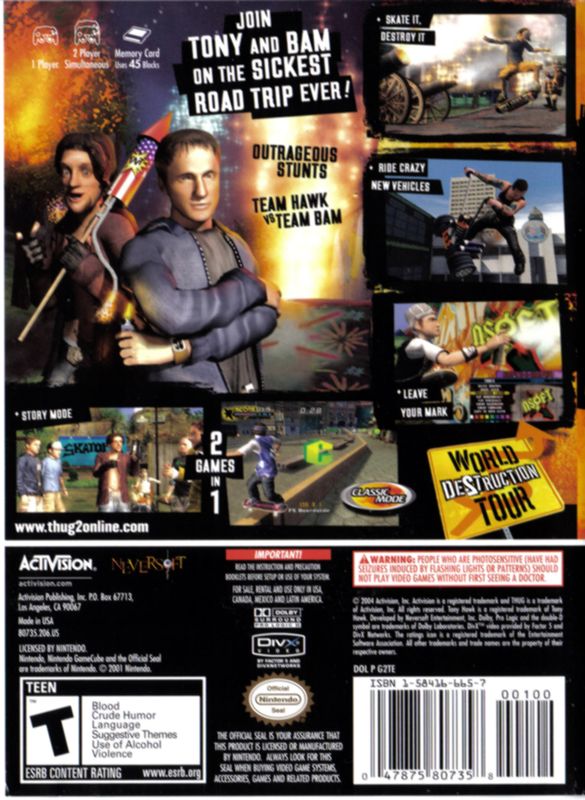 Tony Hawk's Underground 2 | GameCube | back cover | region=North America | source-country=United States | zypher-v2 | moby-e8cefd4f3b69 | Data by MobyGames.com