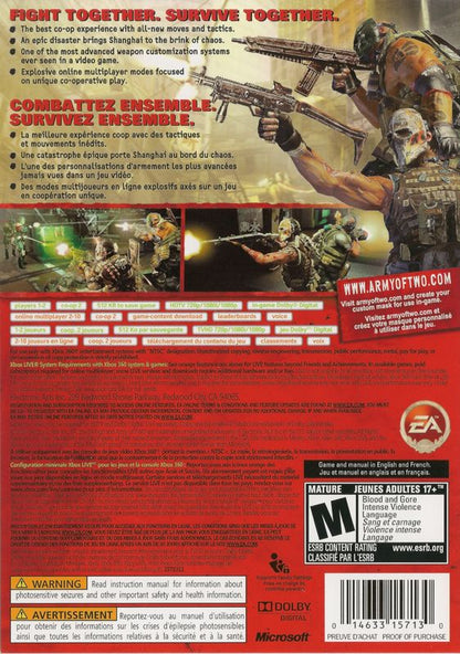 Army of Two: The 40th Day | Xbox 360 | back cover | region=North America | source-country=Canada,United States | zypher-v2 | moby-0552a183eb7b | Data by MobyGames.com