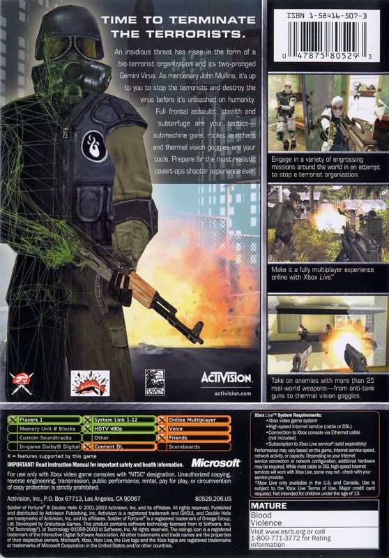 Soldier of Fortune II: Double Helix | Xbox | back cover | region=North America | source-country=Canada,United States | zypher-v2 | moby-83913d6ed350 | Data by MobyGames.com