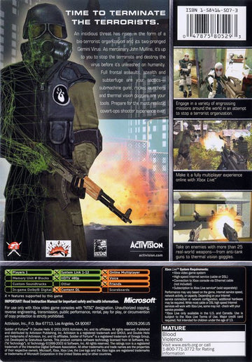 Soldier of Fortune II: Double Helix | Xbox | back cover | region=North America | source-country=Canada,United States | zypher-v2 | moby-83913d6ed350 | Data by MobyGames.com