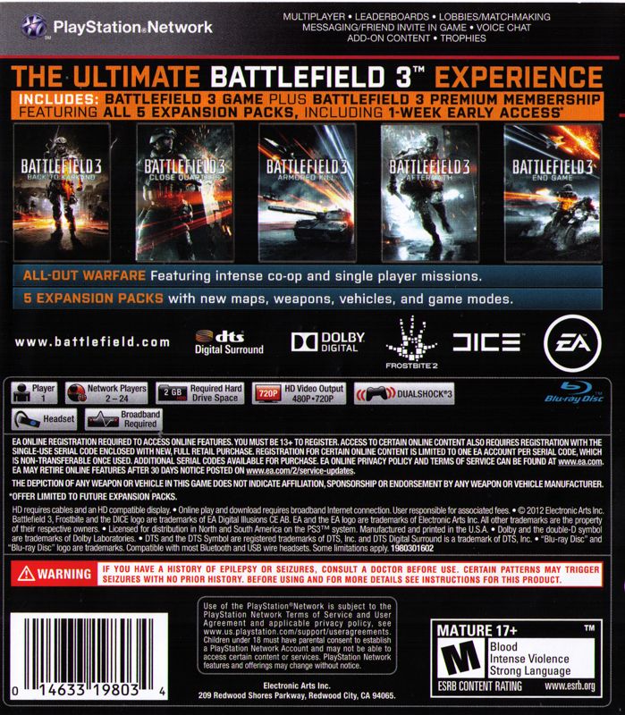Battlefield 3: Premium Edition | PlayStation 3 | back cover | region=North America | source-country=United States | zypher-v2 | moby-247e720f0f5f | Data by MobyGames.com