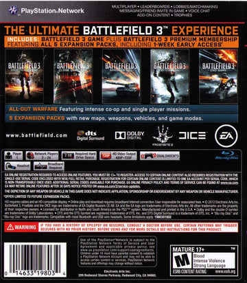 Battlefield 3: Premium Edition | PlayStation 3 | back cover | region=North America | source-country=United States | zypher-v2 | moby-247e720f0f5f | Data by MobyGames.com