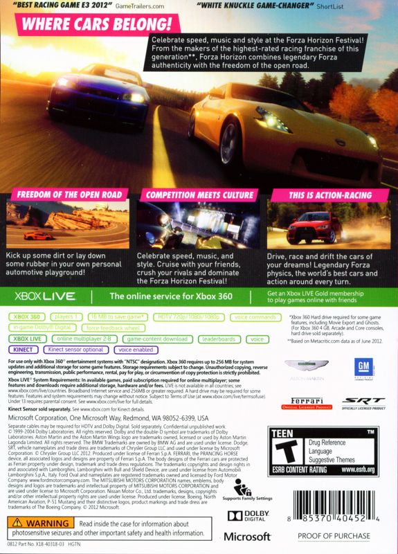 Forza Horizon | Xbox 360 | back cover | Data by MobyGames.com