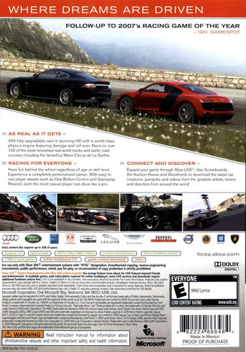 Forza Motorsport 3 | Xbox 360 | back cover | region=North America | source-country=Canada,United States | zypher-v2 | moby-58ae5f511313 | Data by MobyGames.com