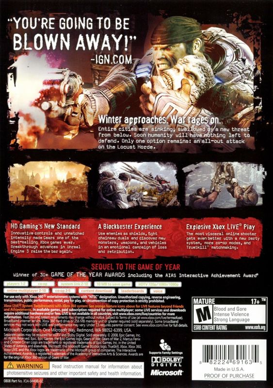 Gears of War 2 | Xbox 360 | back cover | region=North America | source-country=United States | zypher-v2 | moby-be961ce2a7da | Data by MobyGames.com
