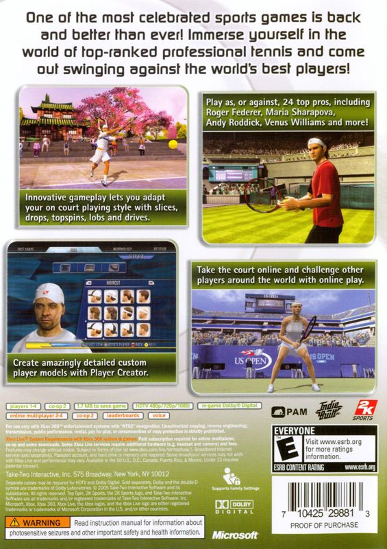 Top Spin 2 | Xbox 360 | back cover | region=North America | source-country=United States | zypher-v2 | moby-f3faa36fb898 | Data by MobyGames.com