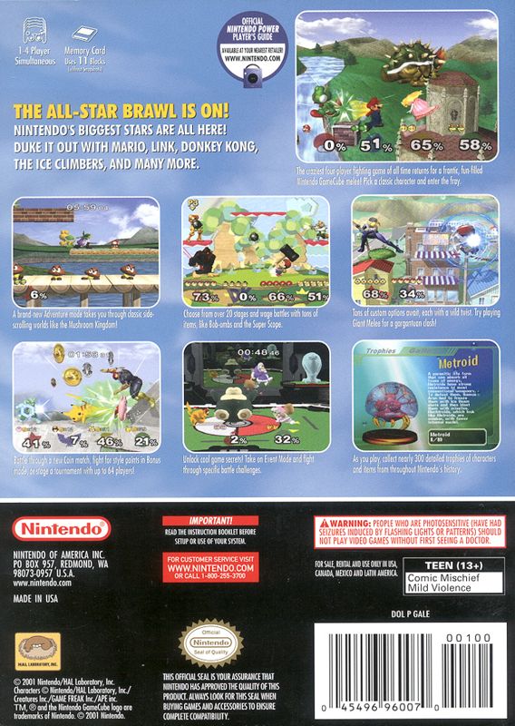 Super Smash Bros.: Melee | GameCube | back cover | region=North America | source-country=Canada,Mexico,Other,United States | zypher-v2 | moby-5bb1430088f8 | Data by MobyGames.com