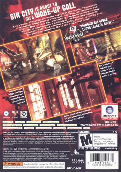 Tom Clancy's Rainbow Six: Vegas | Xbox 360 | back cover | region=North America | source-country=United States | zypher-v2 | moby-dba4f585116d | Data by MobyGames.com