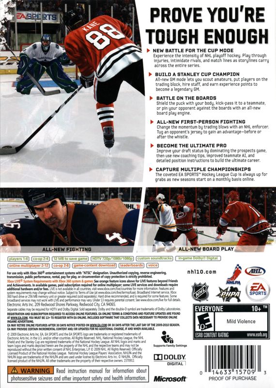 NHL 10 | Xbox 360 | back cover | region=North America | source-country=United States | zypher-v2 | moby-bab7f97de060 | Data by MobyGames.com