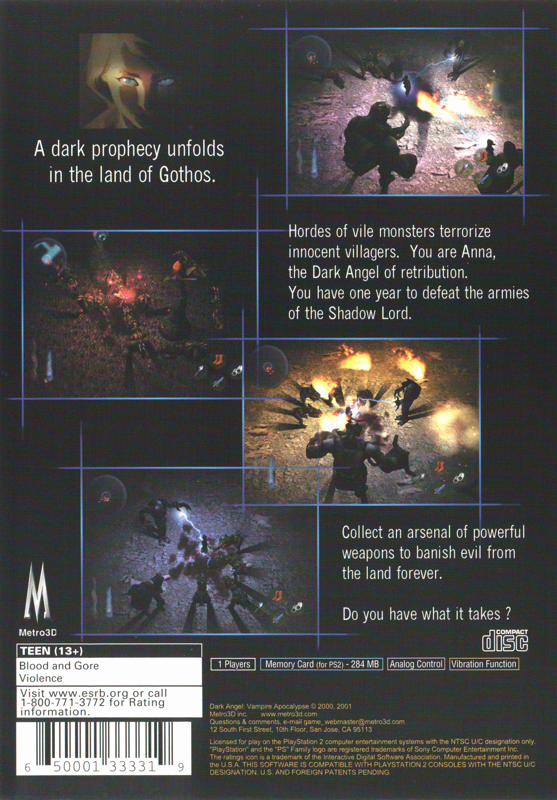 
Dark Angel: Vampire Apocalypse | PlayStation 2 | back cover | Data by MobyGames.com