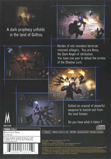 
Dark Angel: Vampire Apocalypse | PlayStation 2 | back cover | Data by MobyGames.com