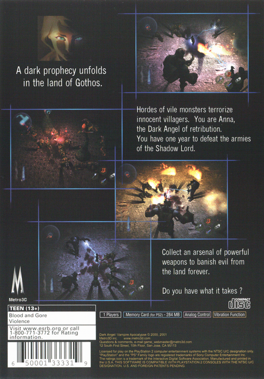 
Dark Angel: Vampire Apocalypse | PlayStation 2 | back cover | Region: North America | source-country=United States | Data by MobyGames.com