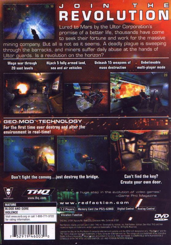 Red Faction | PlayStation 2 | back cover | Region: North America | source-country=United States | Data by MobyGames.com