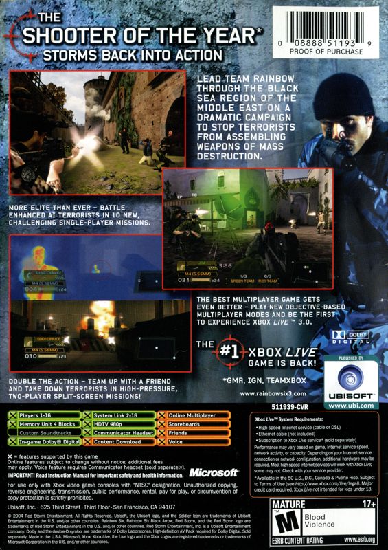Tom Clancy's Rainbow Six 3: Black Arrow | Xbox | back cover | region=North America | source-country=United States | zypher-v2 | moby-3d6fd0f51adc | Data by MobyGames.com