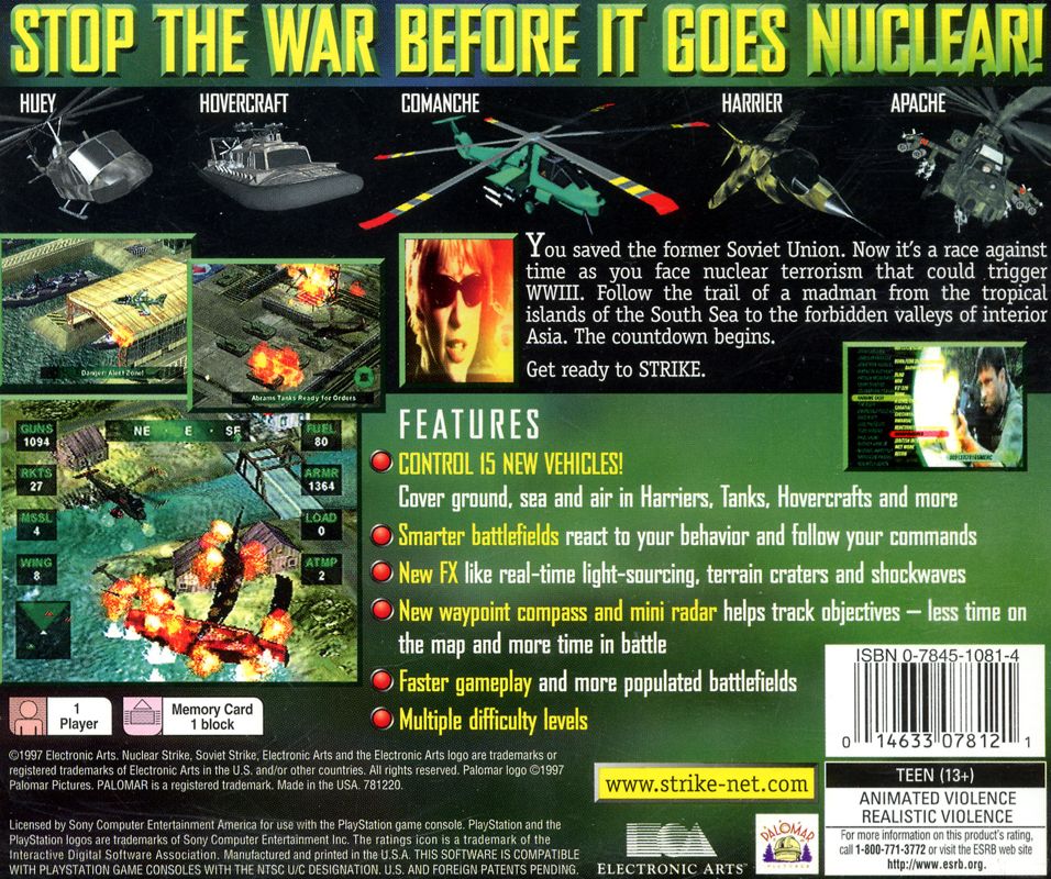 Nuclear Strike | PlayStation | back cover | region=North America | source-country=United States | zypher-v2 | moby-25f73d407966 | Data by MobyGames.com