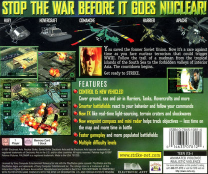 Nuclear Strike | PlayStation | back cover | region=North America | source-country=United States | zypher-v2 | moby-25f73d407966 | Data by MobyGames.com