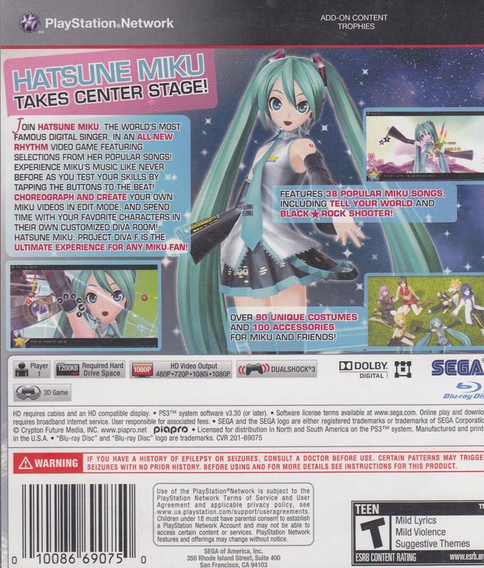 
Hatsune Miku: Project DIVA F | PlayStation 3 | back cover | Data by MobyGames.com