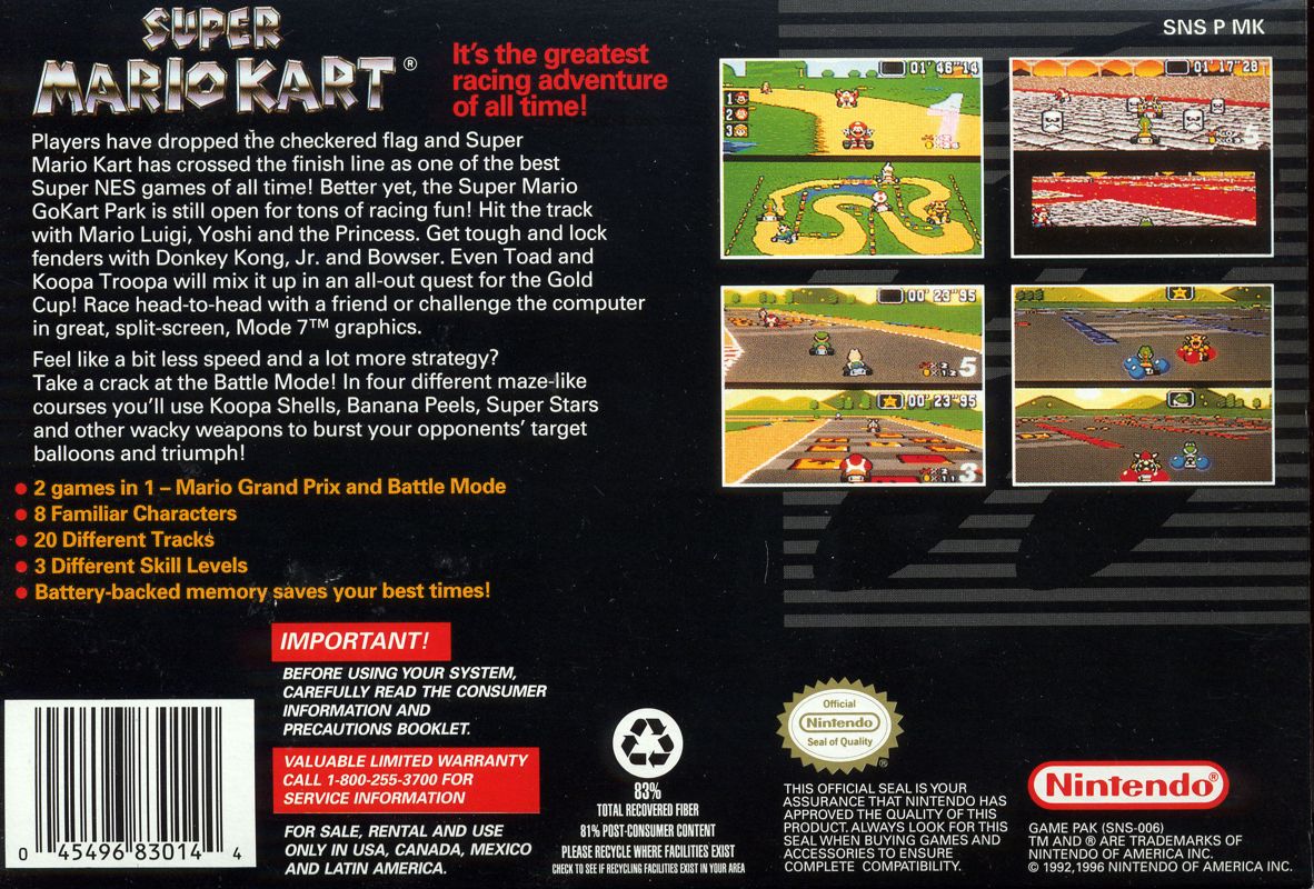 
Super Mario Kart | SNES | back cover | Data by MobyGames.com
