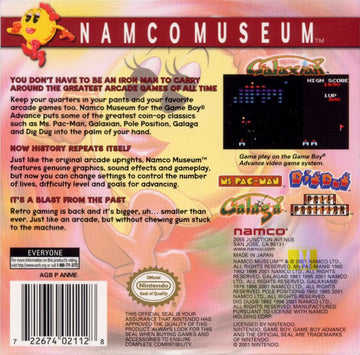 Namco Museum | Game Boy Advance | back cover | region=North America | source-country=United States | zypher-v2 | moby-2d34793492fe | Data by MobyGames.com