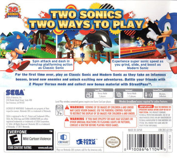 Sonic Generations | Nintendo 3DS | back cover | region=North America | source-country=United States | zypher-v2 | moby-03fbdc3154bf | Data by MobyGames.com