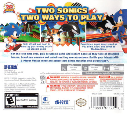 Sonic Generations | Nintendo 3DS | back cover | region=North America | source-country=United States | zypher-v2 | moby-03fbdc3154bf | Data by MobyGames.com