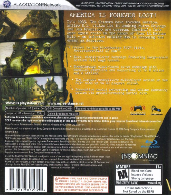 Resistance 2 | PlayStation 3 | back cover | Region: North America | source-country=United States | Data by MobyGames.com