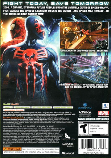 
Spider-Man: Edge of Time | Xbox 360 | back cover | Region: North America | source-country=Canada,Mexico,United States | Data by MobyGames.com