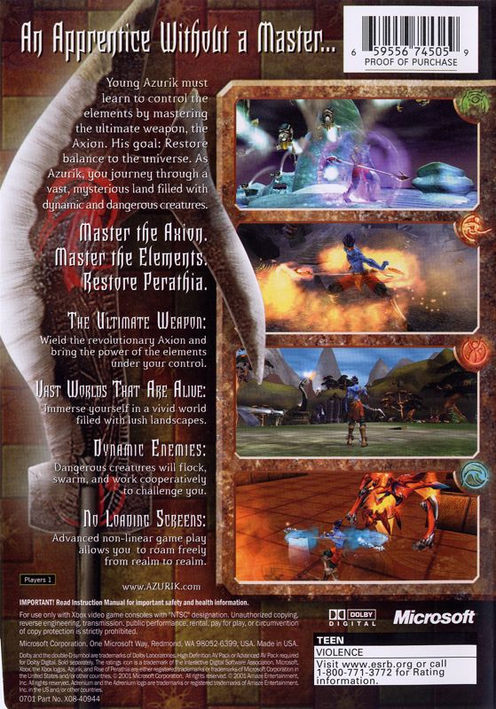 Azurik: Rise of Perathia | Xbox | back cover | region=North America | source-country=Canada,United States | zypher-v2 | moby-065c1c937cd8 | Data by MobyGames.com