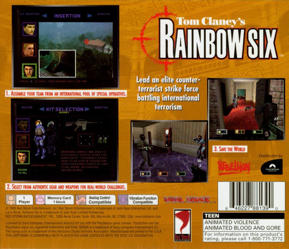 Tom Clancy's Rainbow Six | PlayStation | back cover | region=North America | source-country=Canada,United States | zypher-v2 | moby-c7a87c44b0d5 | Data by MobyGames.com