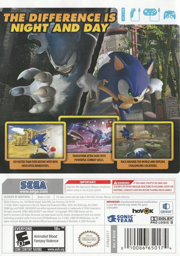 Sonic Unleashed | Wii | back cover | region=North America | source-country=United States | zypher-v2 | moby-96c3353bac70 | Data by MobyGames.com