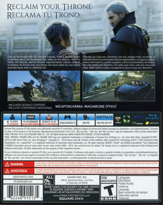 
Final Fantasy XV (Day One Edition) | PlayStation 4 | back cover | Data by MobyGames.com