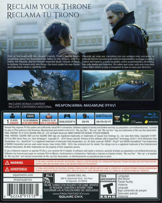 
Final Fantasy XV (Day One Edition) | PlayStation 4 | back cover | Data by MobyGames.com