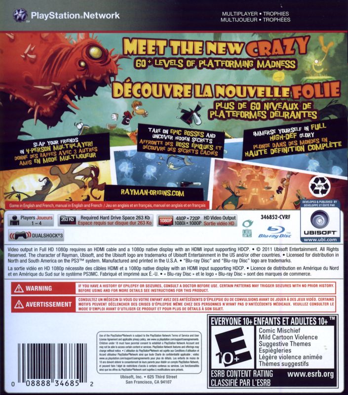
Rayman Origins | PlayStation 3 | back cover | Data by MobyGames.com