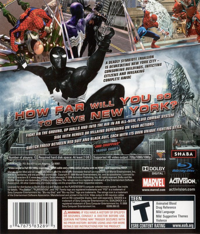 
Spider-Man: Web of Shadows | PlayStation 3 | back cover | Region: North America | source-country=Canada,Mexico,United States | Data by MobyGames.com
