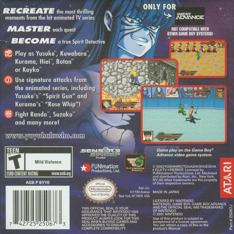 
Yu Yu Hakusho: Ghost Files - Spirit Detective | Game Boy Advance | back cover | Region: North America | source-country=United States | Data by MobyGames.com